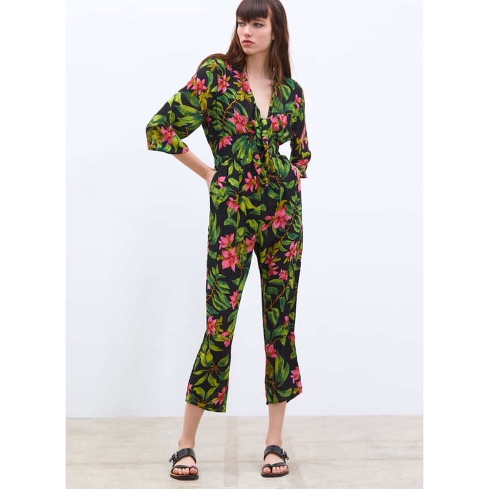 ZARA Tropical Print Jumpsuit Black,  Green, Pink Hibiscus - Picture 12 of 13